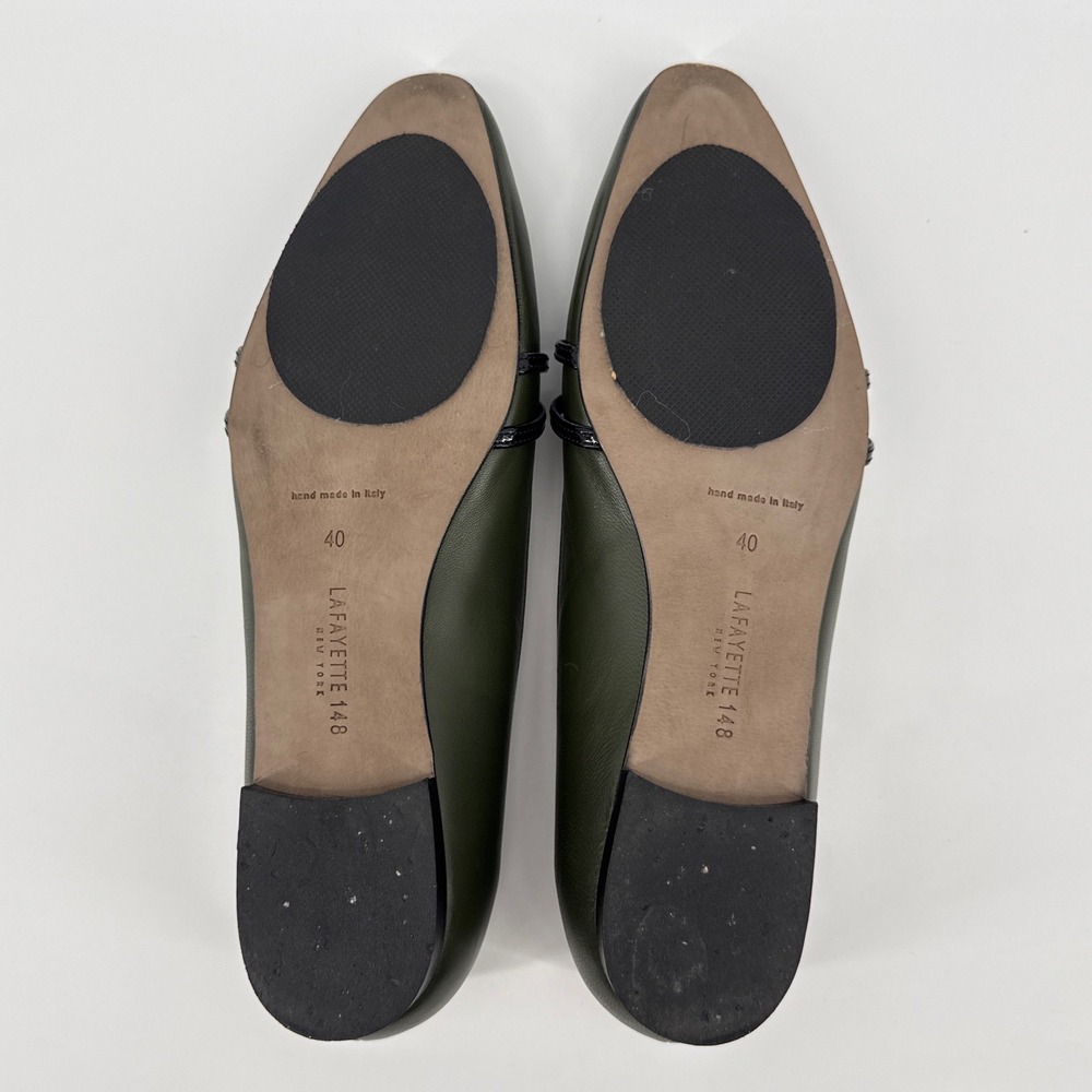 Lafayette 148 New York Kira Olive Green Leather Double Strap Flats Italy 40 - Picture 7 of 12